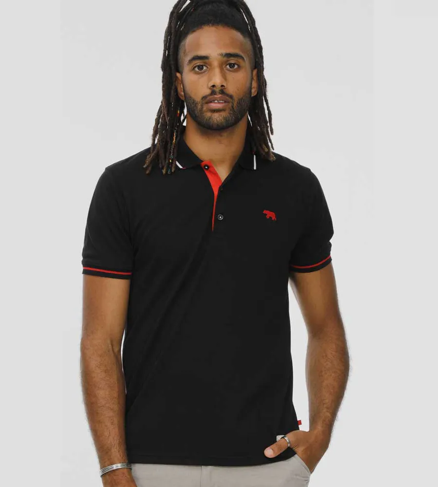 Salford 2 D555 Mens Black Pique Polo Shirt with Cuff and Collar Tipping Detail